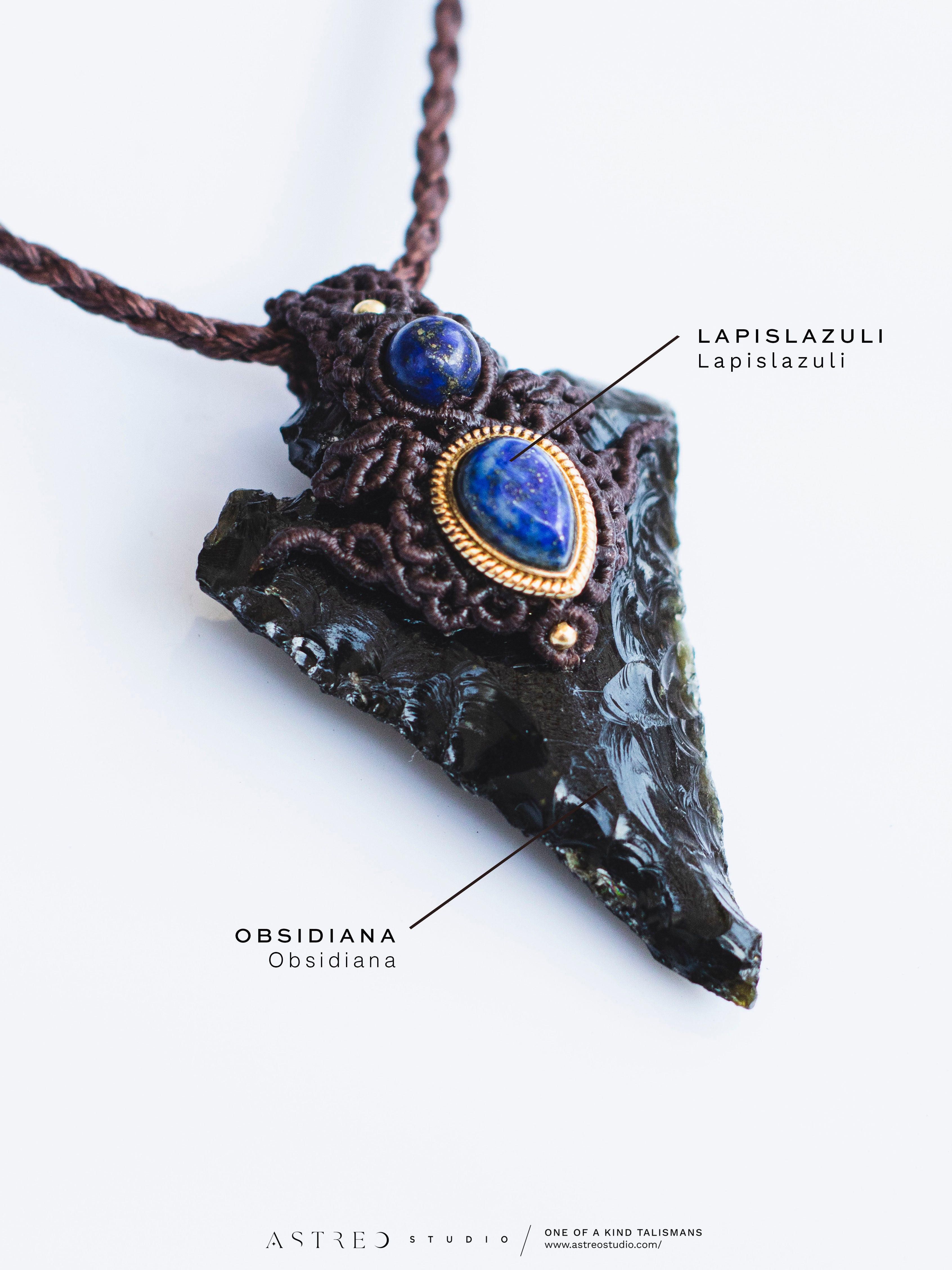 Collar Macrame Lanza de Obsidiana y Lapislazuli