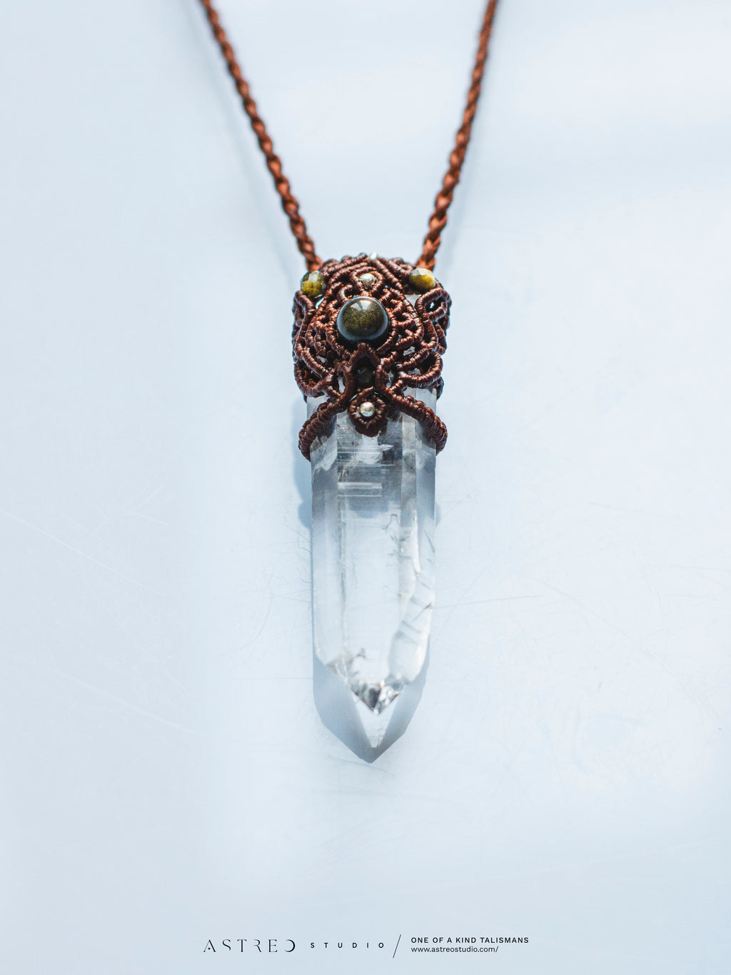 Macrame Necklace Master Quartz VI: Ghost with Amazonites.