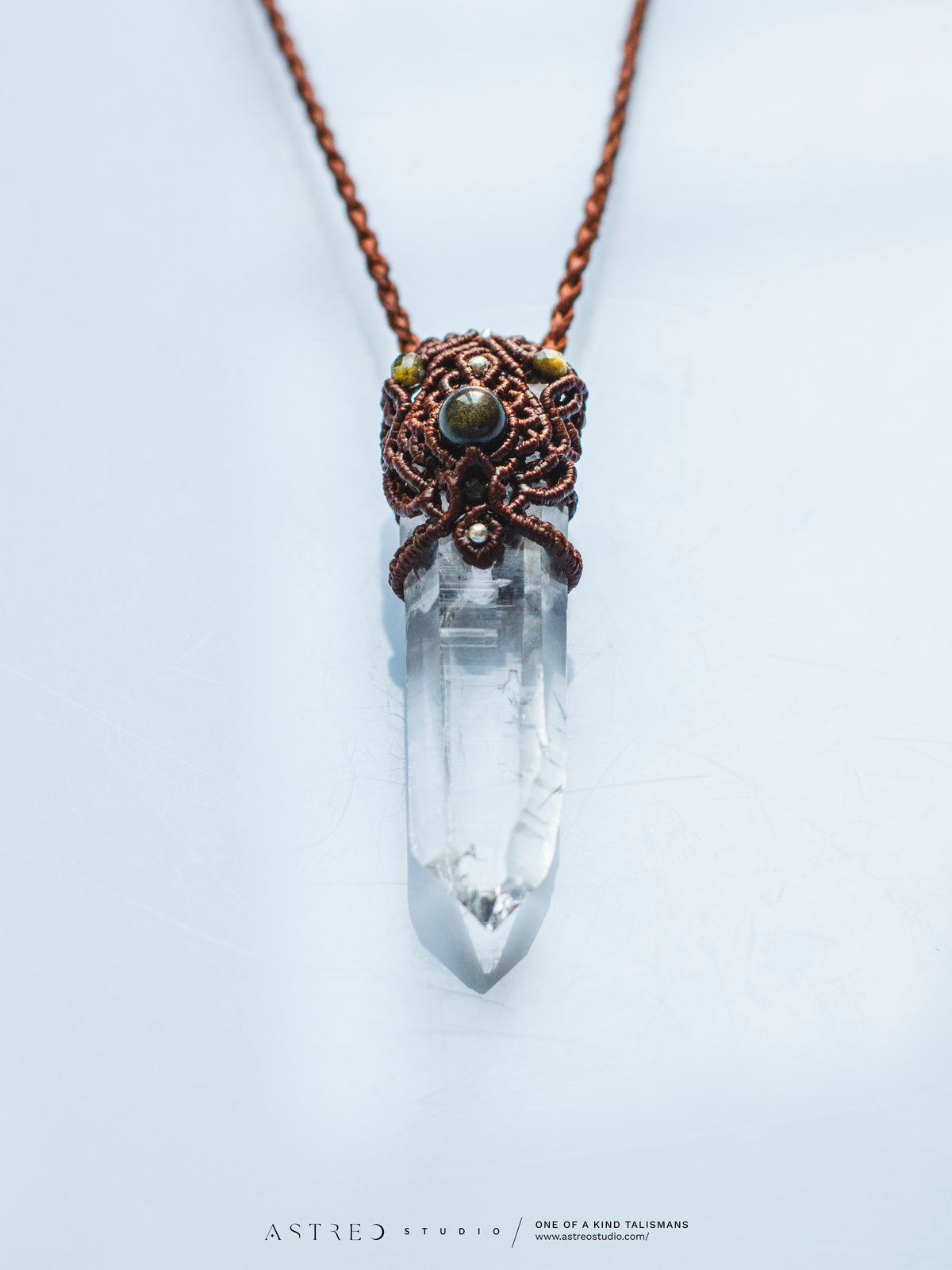 Macrame Necklace Master Quartz VI: Ghost with Amazonites.