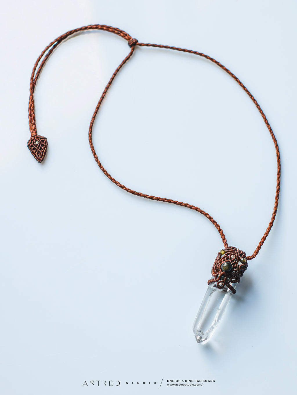 Macrame Necklace Master Quartz VI: Ghost with Amazonites.