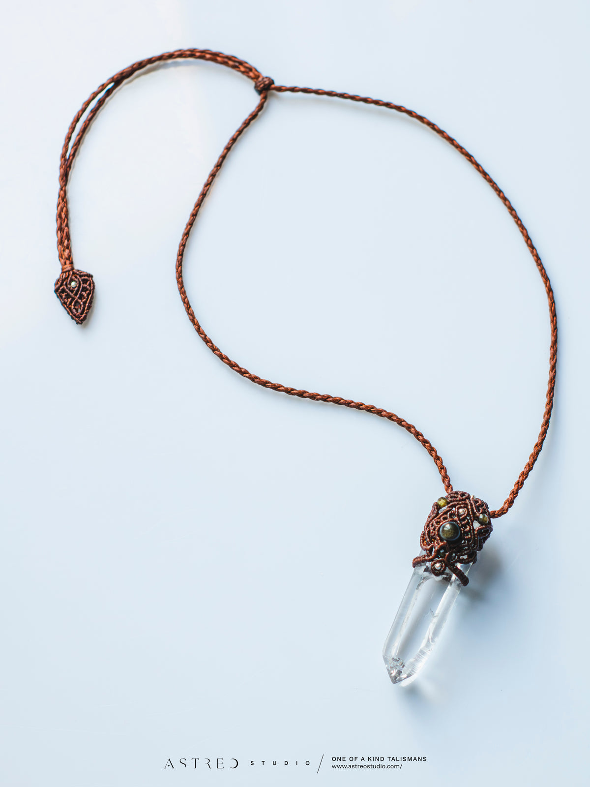 Macrame Necklace Master Quartz VI: Ghost with Amazonites.