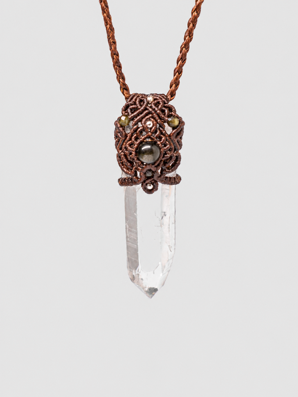 Macrame Necklace Master Quartz VI: Ghost with Amazonites.