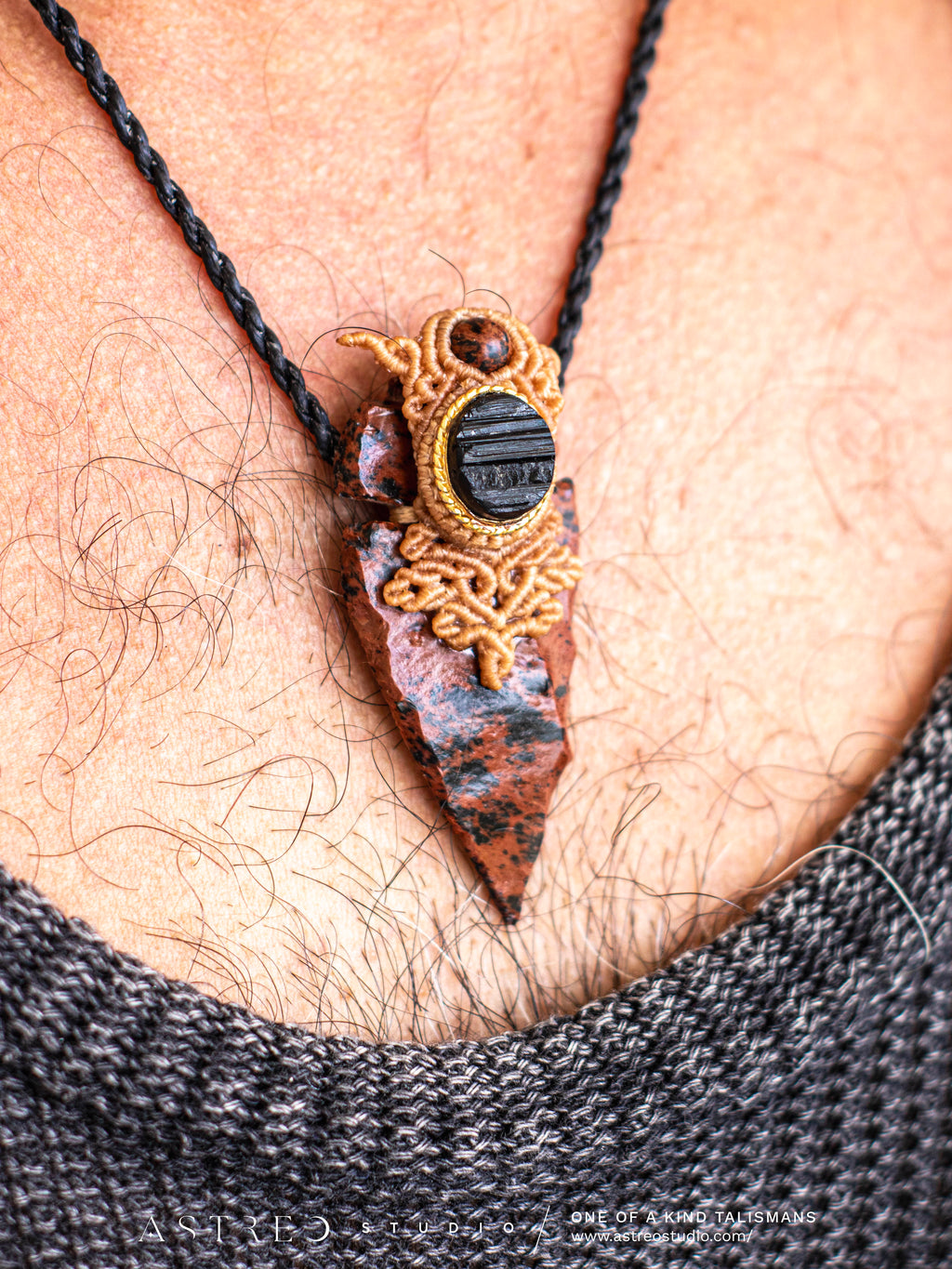 Collar Macrame Obsidiana Caoba y Turmalina Negra