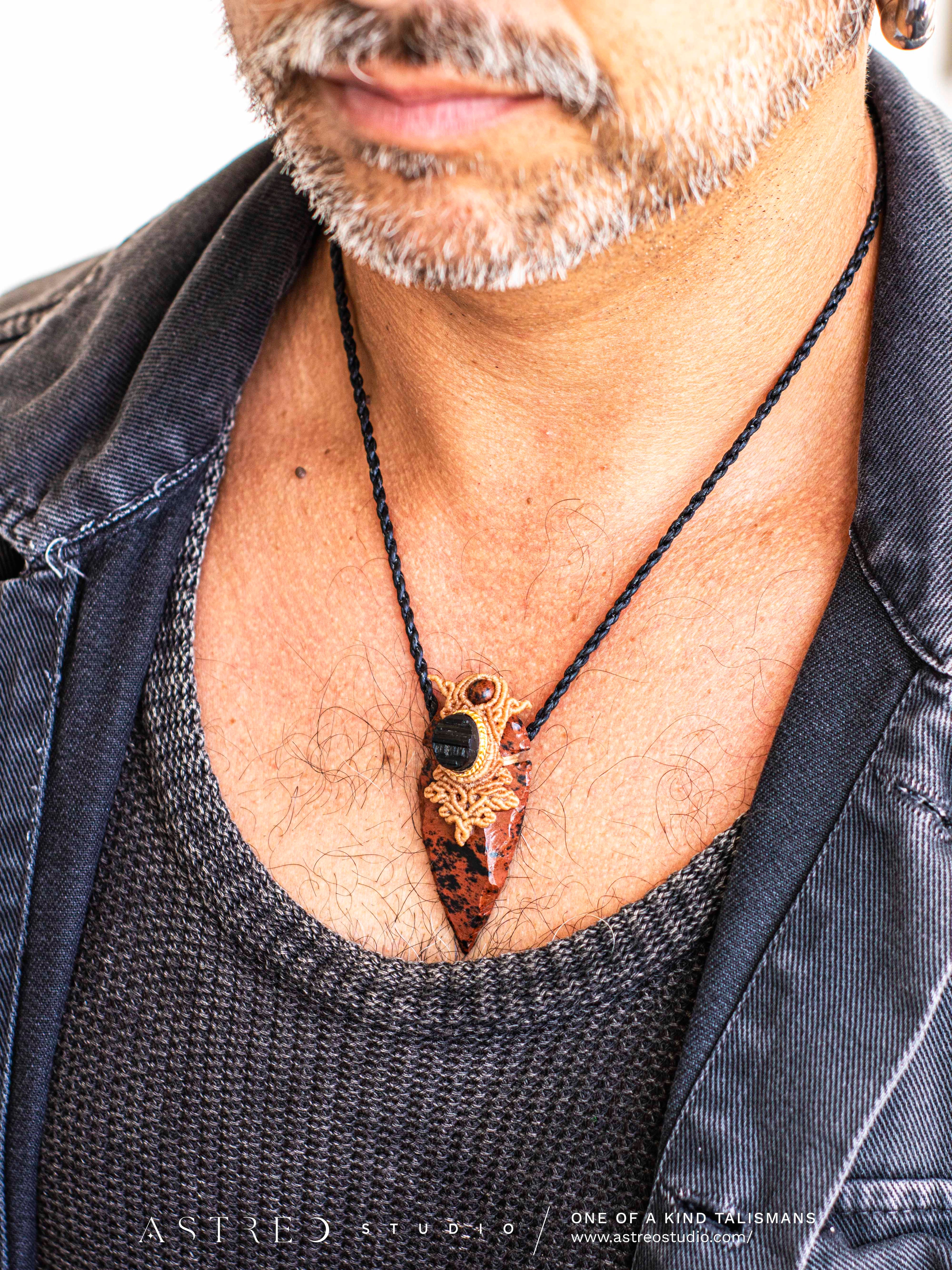 Collar Macrame Obsidiana Caoba y Turmalina Negra