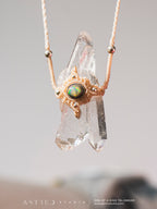 Macrame Necklace with Double-Terminated Tabular Master Quartz and Ethiopian Opal, 925 Sterling Silver