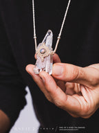Macrame Necklace with Double-Terminated Tabular Master Quartz and Ethiopian Opal, 925 Sterling Silver