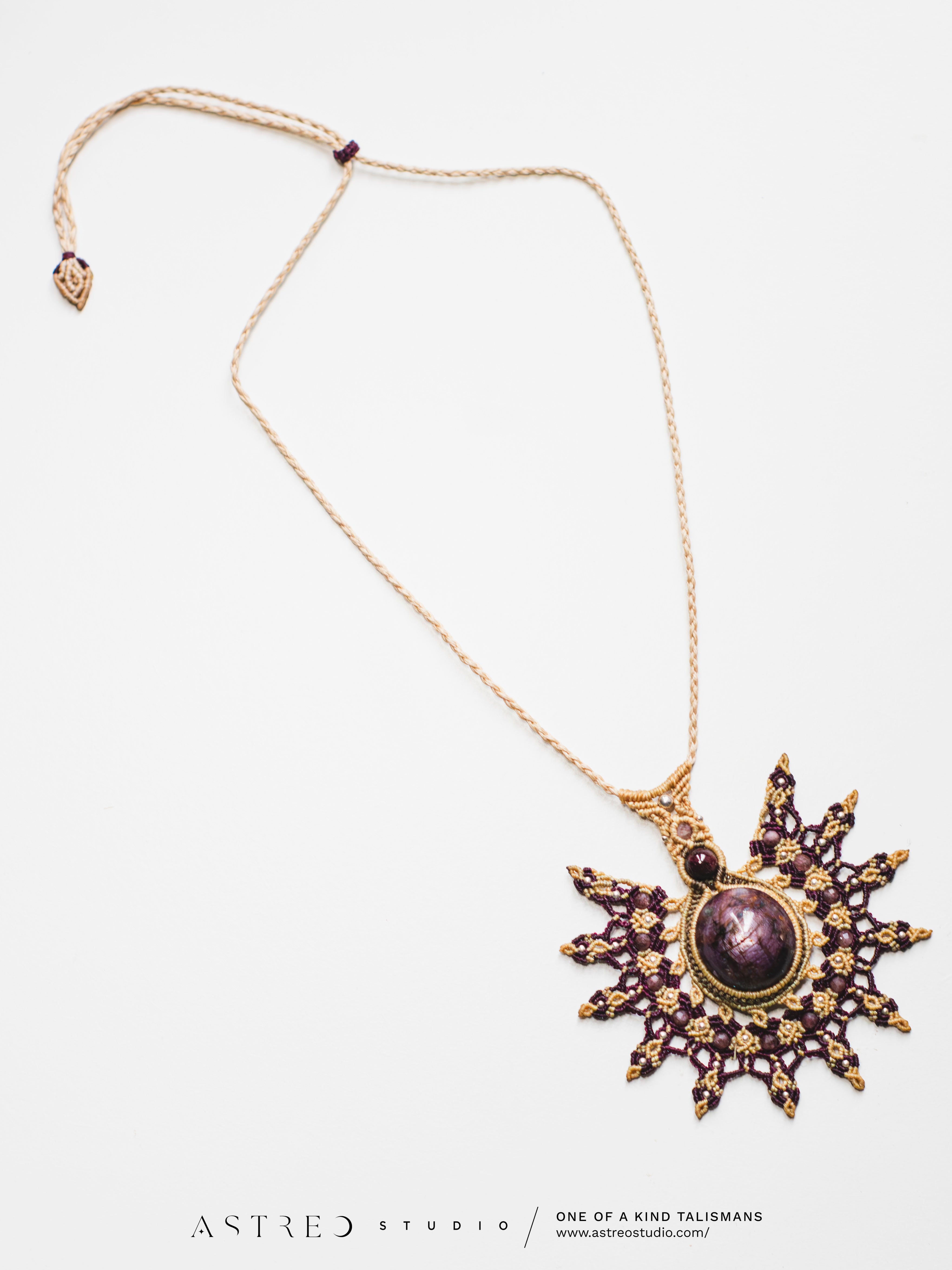 [Collector's Edition]: Macrame Mandala Necklace with Ruby and Lepidolite