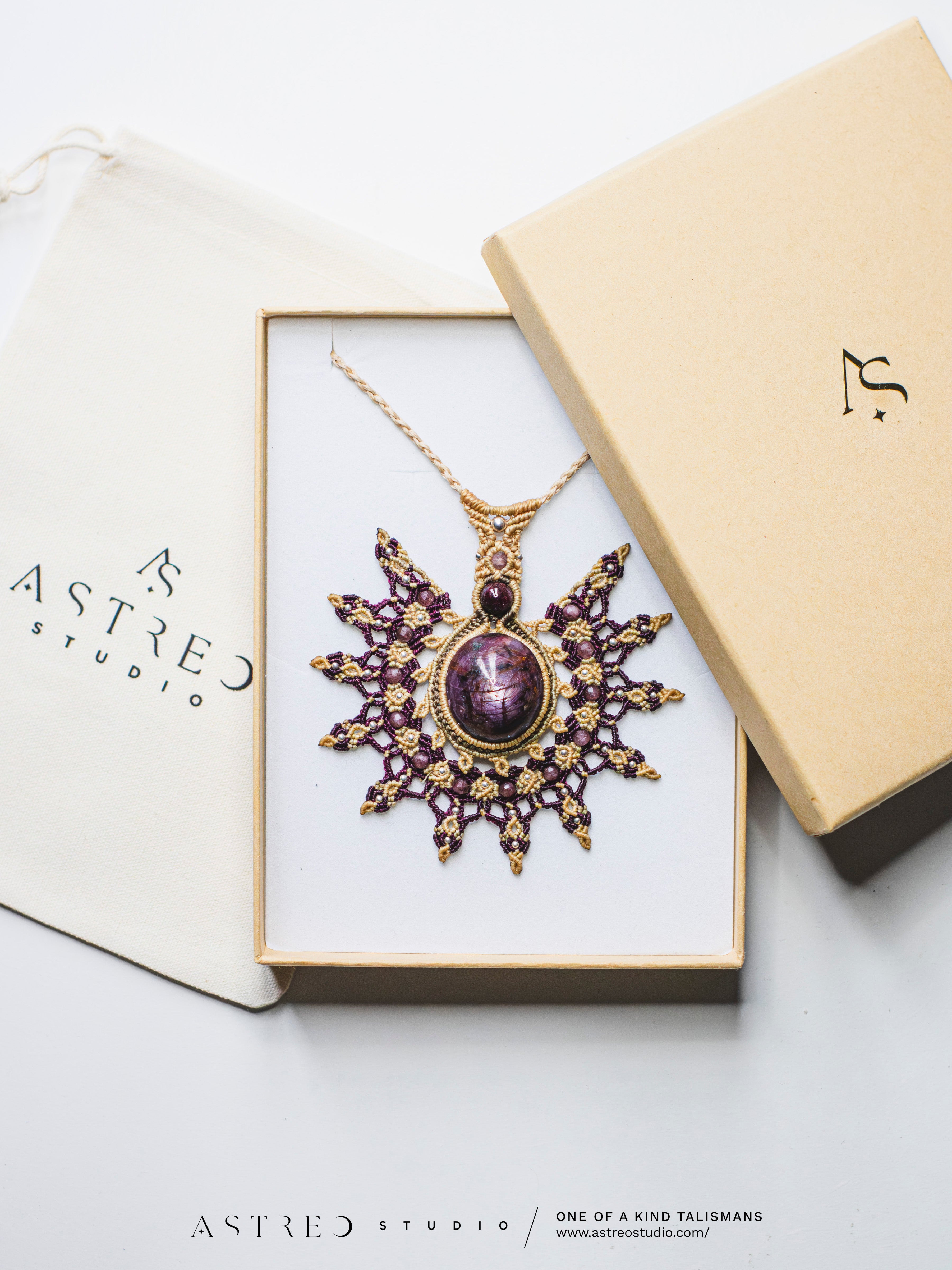 [Collector's Edition]: Macrame Mandala Necklace with Ruby and Lepidolite