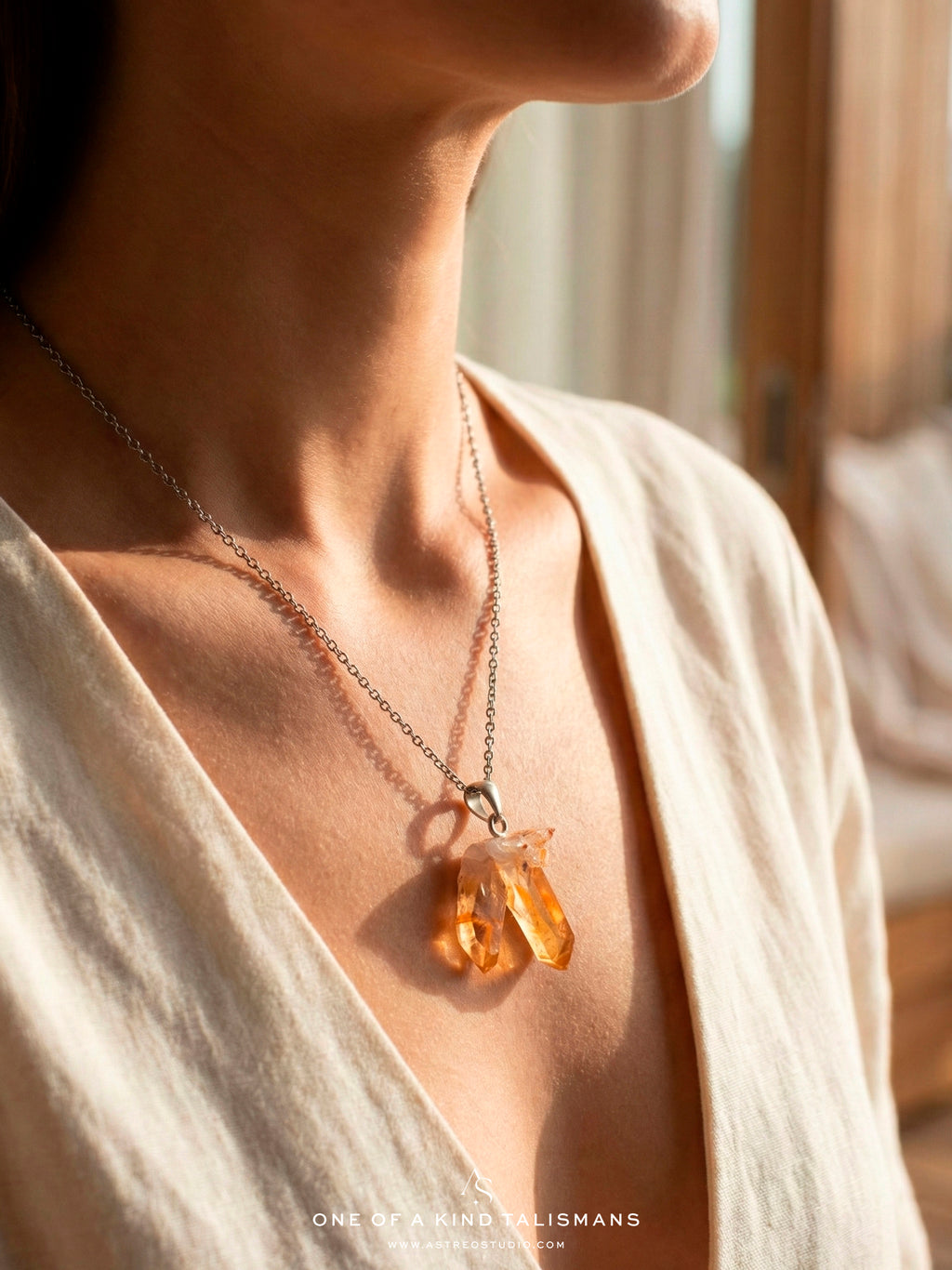 Collar Cadena Plata con Cuarzo Maestro Gemelo Mandarina