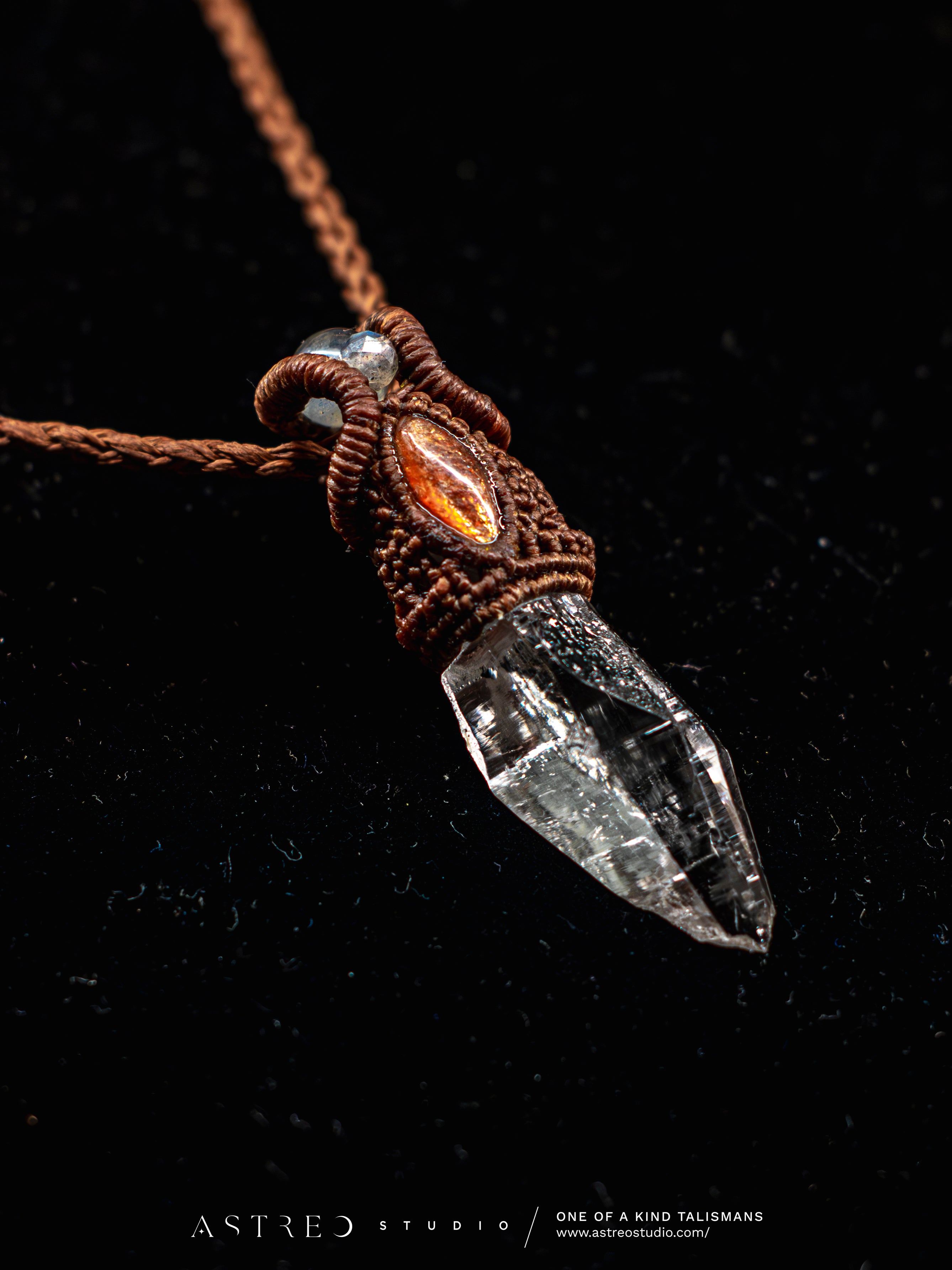 Macrame Necklace Master Quartz VI: Ghost with Amazonites.