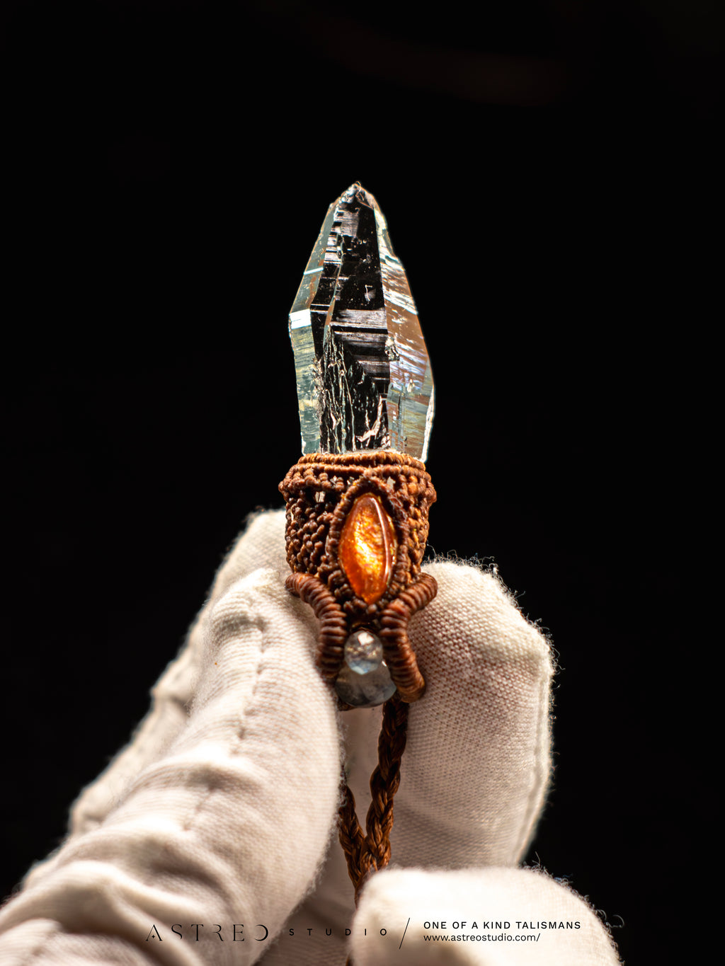 Macrame Necklace Master Quartz VI: Ghost with Amazonites.