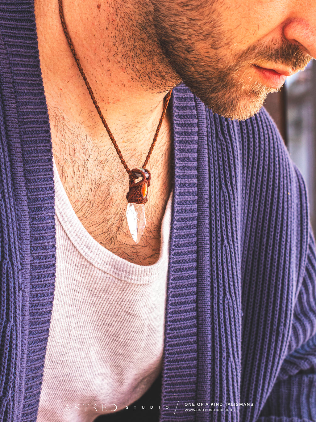 Macrame Necklace Master Quartz VI: Ghost with Amazonites.