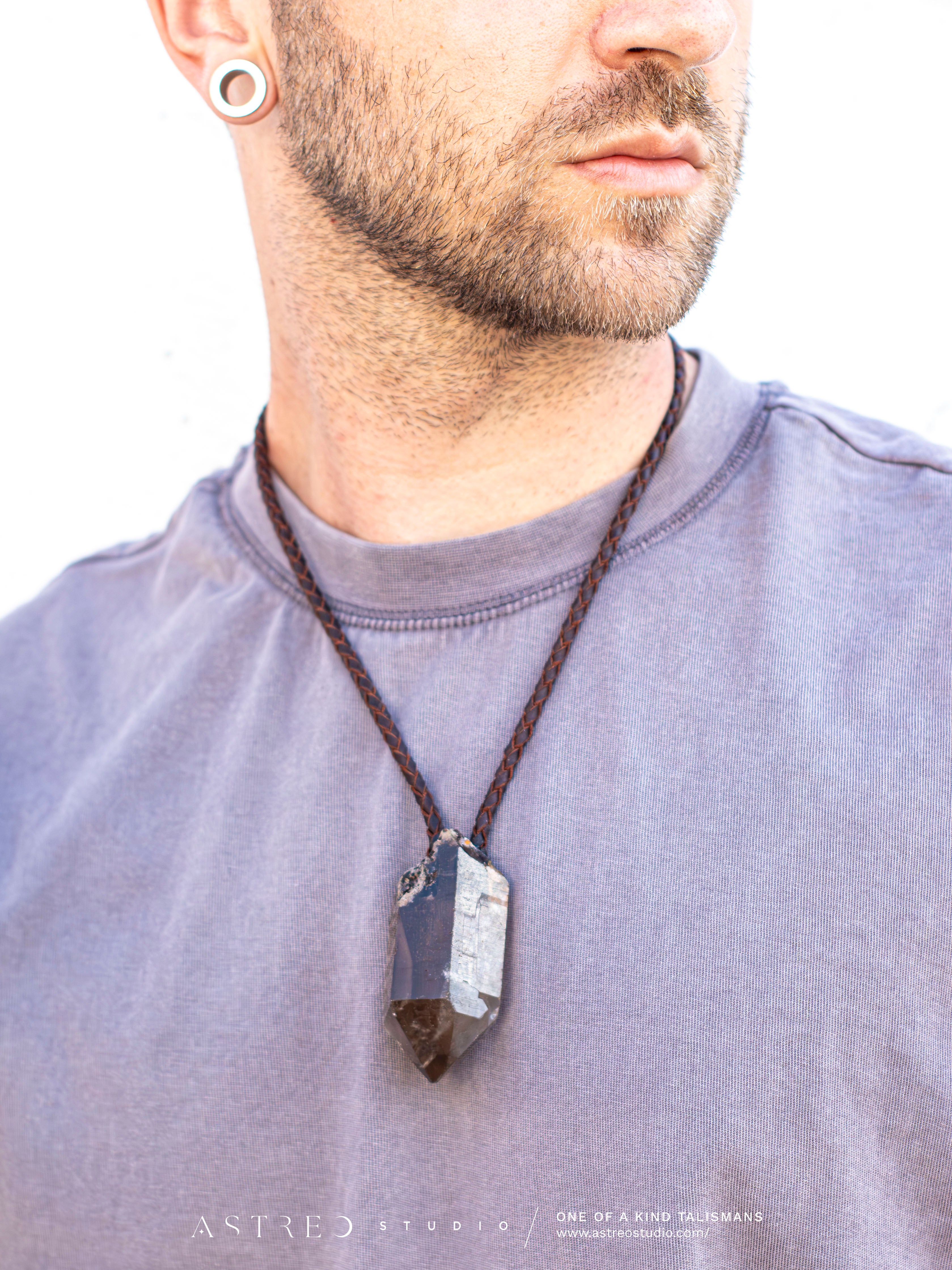 Collar Cuero Con Cuarzo Ahumado