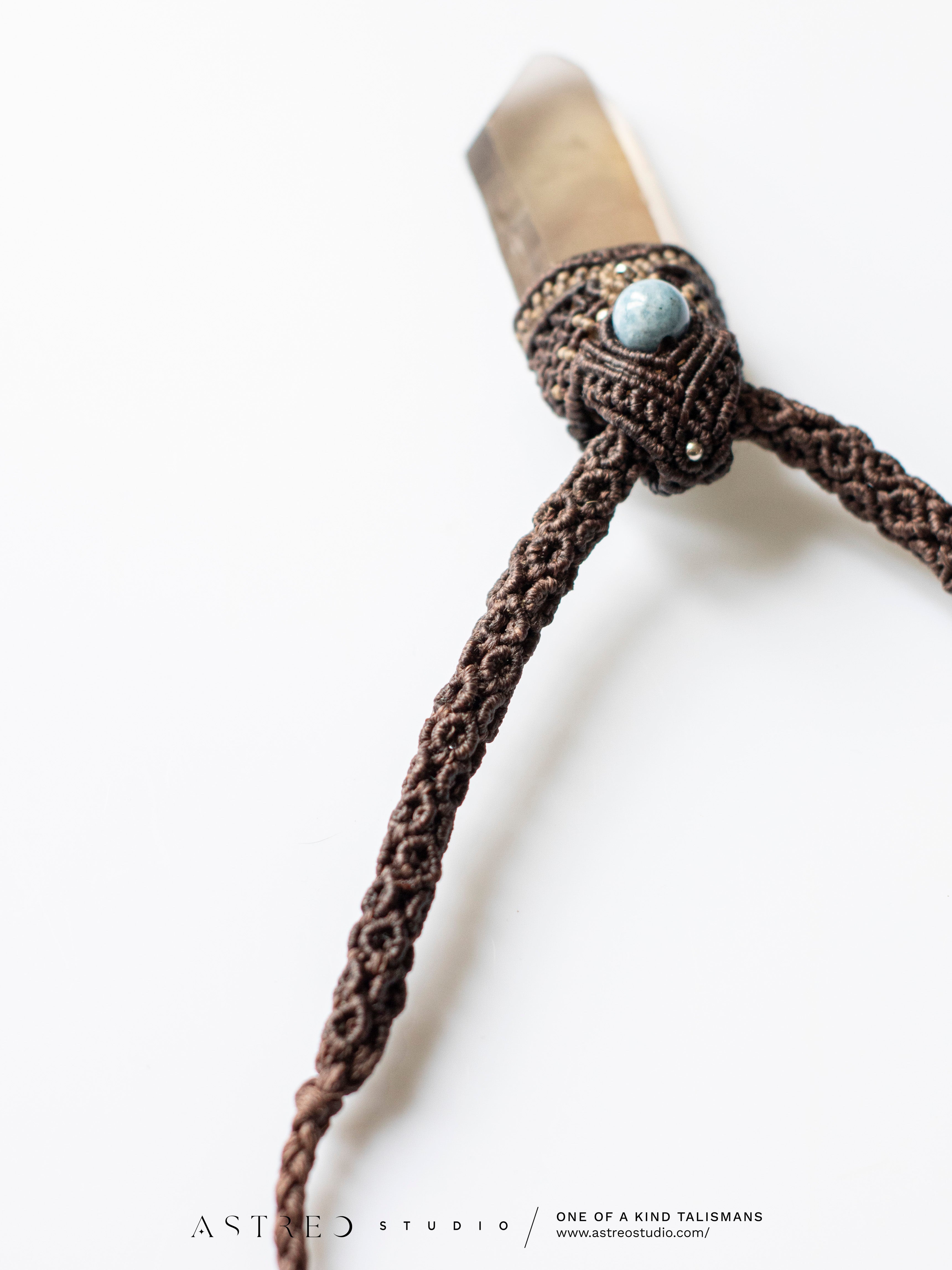Collar Macrame Tubular Cuarzo Ahumado y Aguamarina