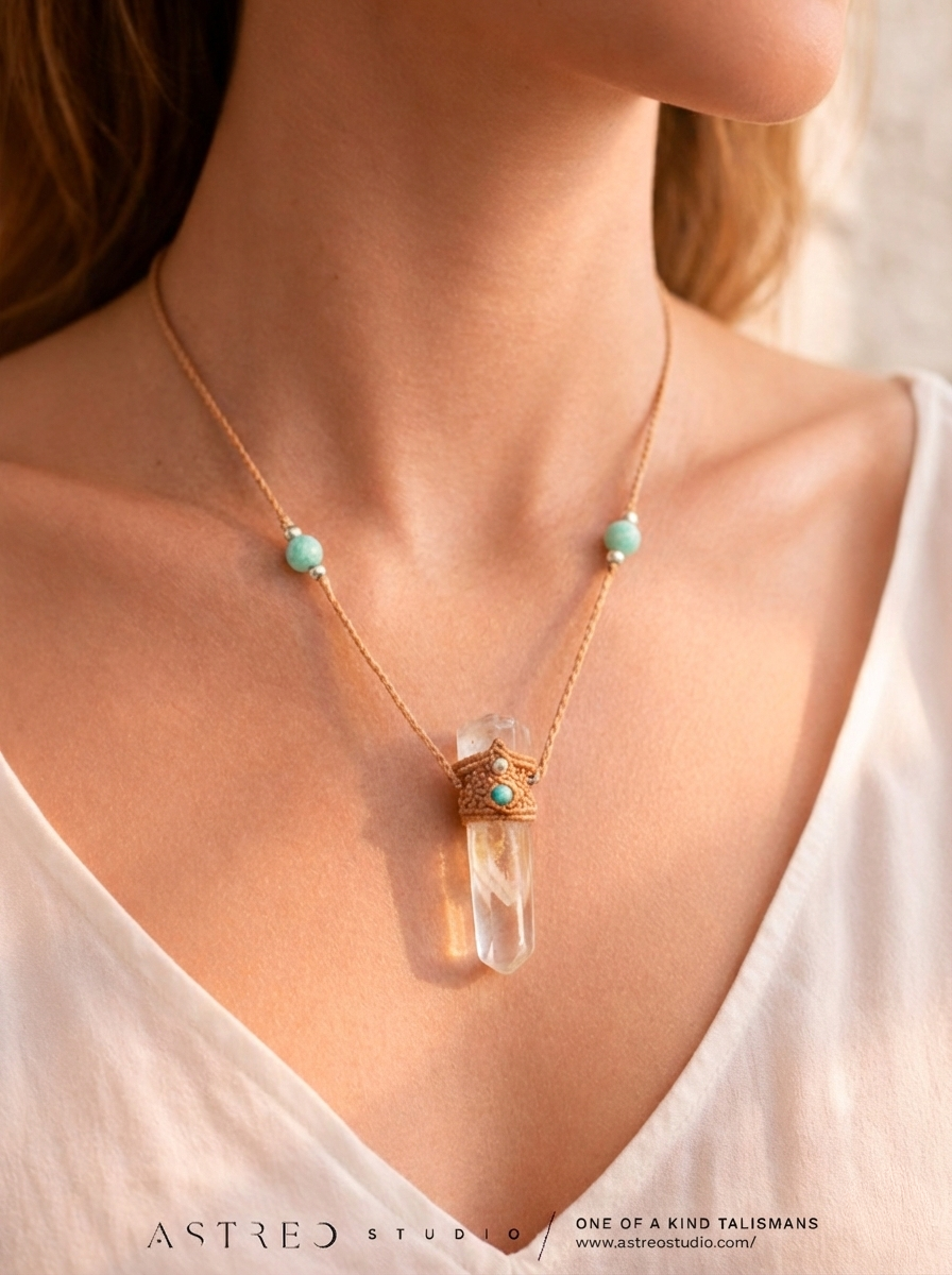 Macramé ketting Master Quartz VI: Ghost met Amazonieten.