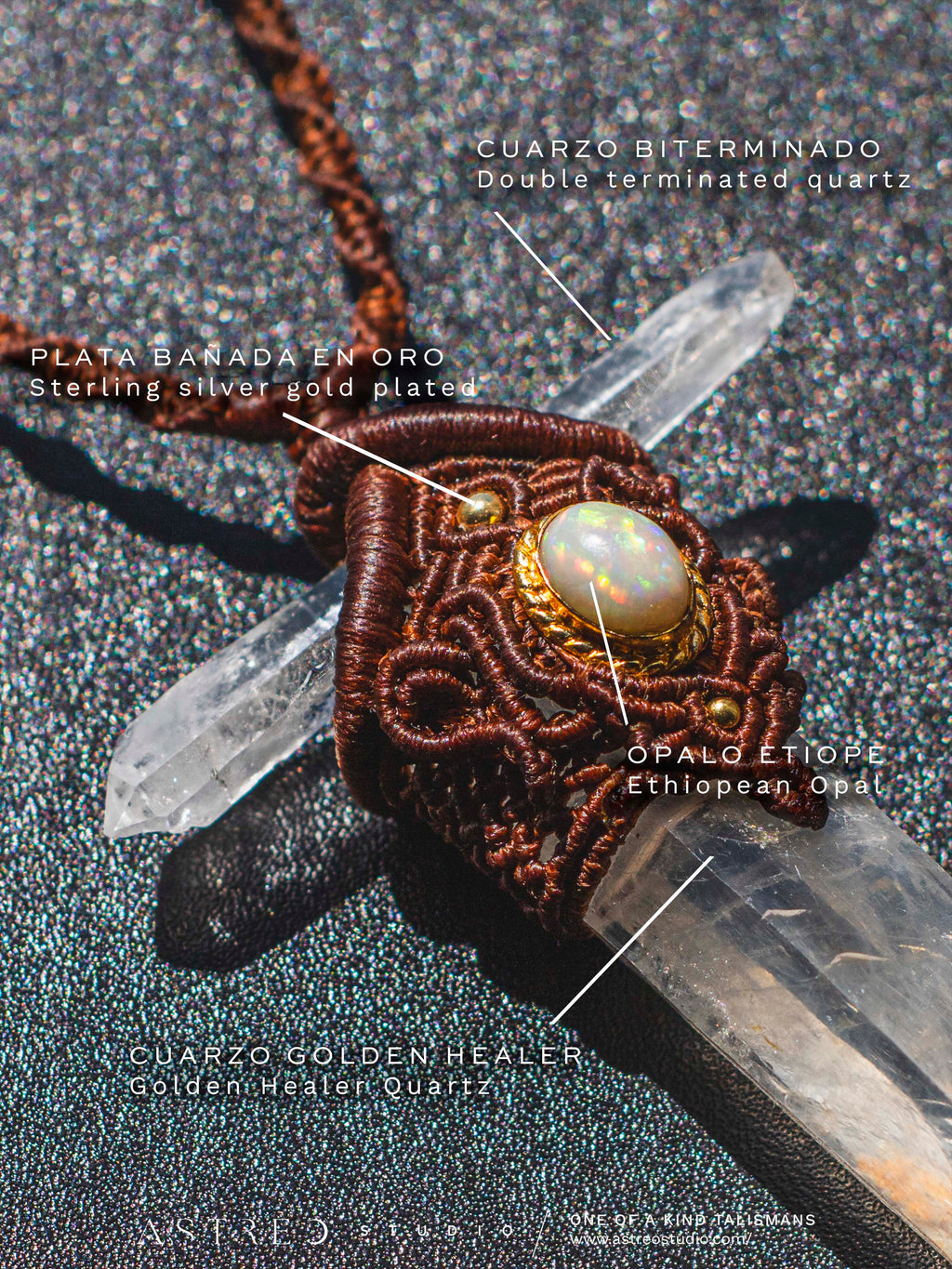 Collar Macrame Espada Cuarzo Lemuriano Golden Healer y Opalo Etiope