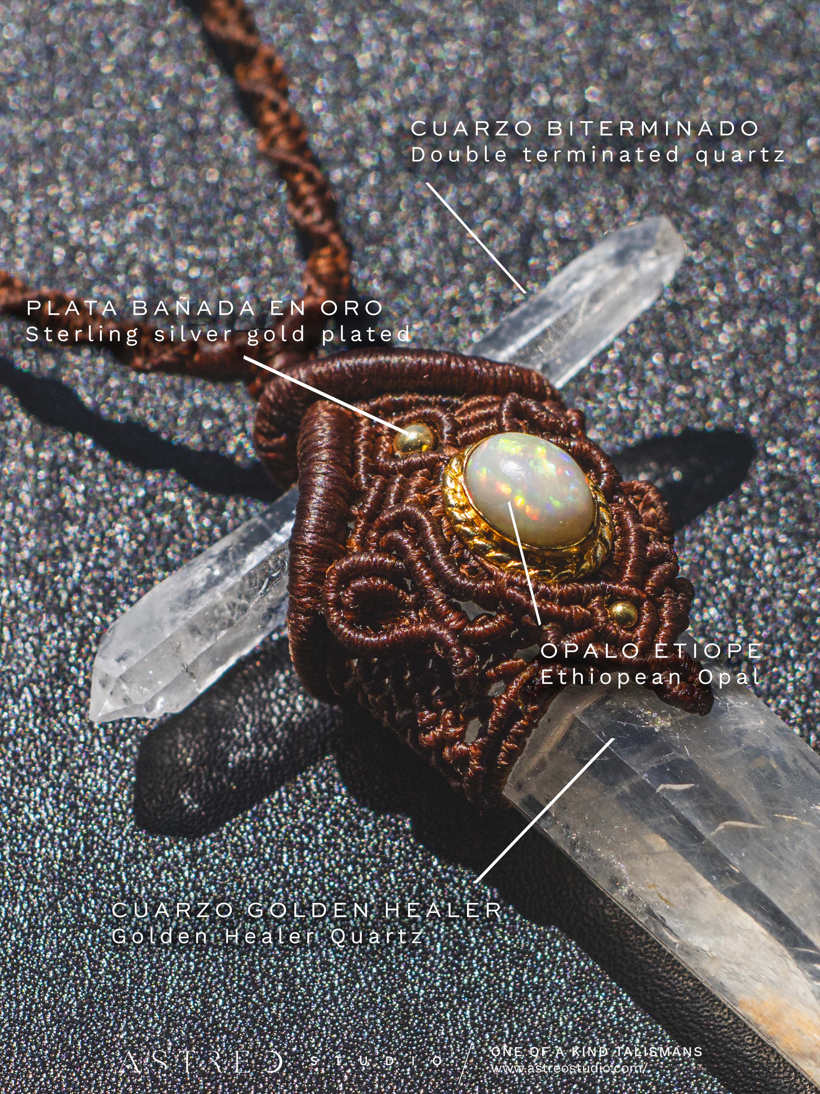 Collar Macrame Espada Cuarzo Lemuriano Golden Healer y Opalo Etiope