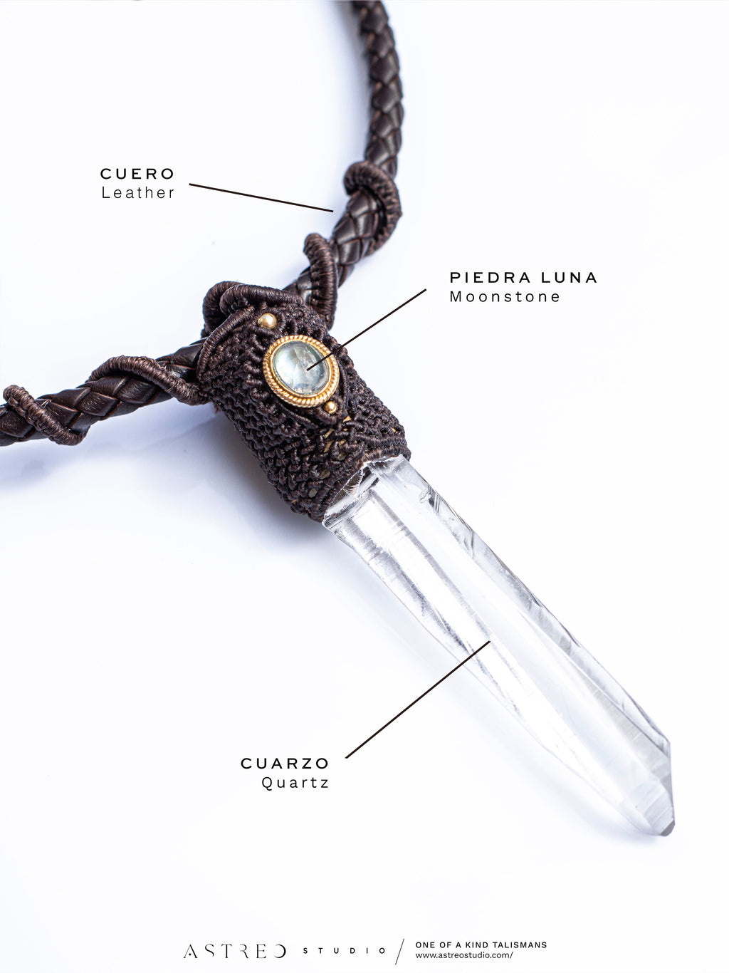 Collar Macrame y Cuero con Cuarzo y Piedra Luna