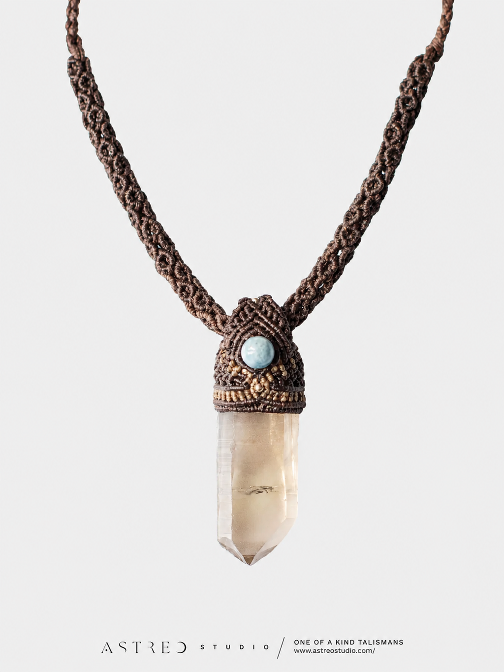 Collar Macrame Tubular Cuarzo Ahumado y Aguamarina