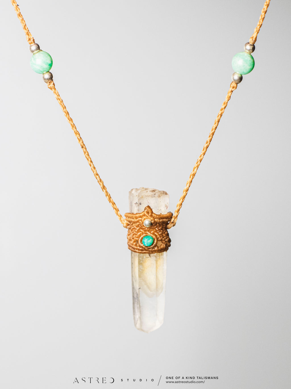 Macrame Necklace Master Quartz VI: Ghost with Amazonites.
