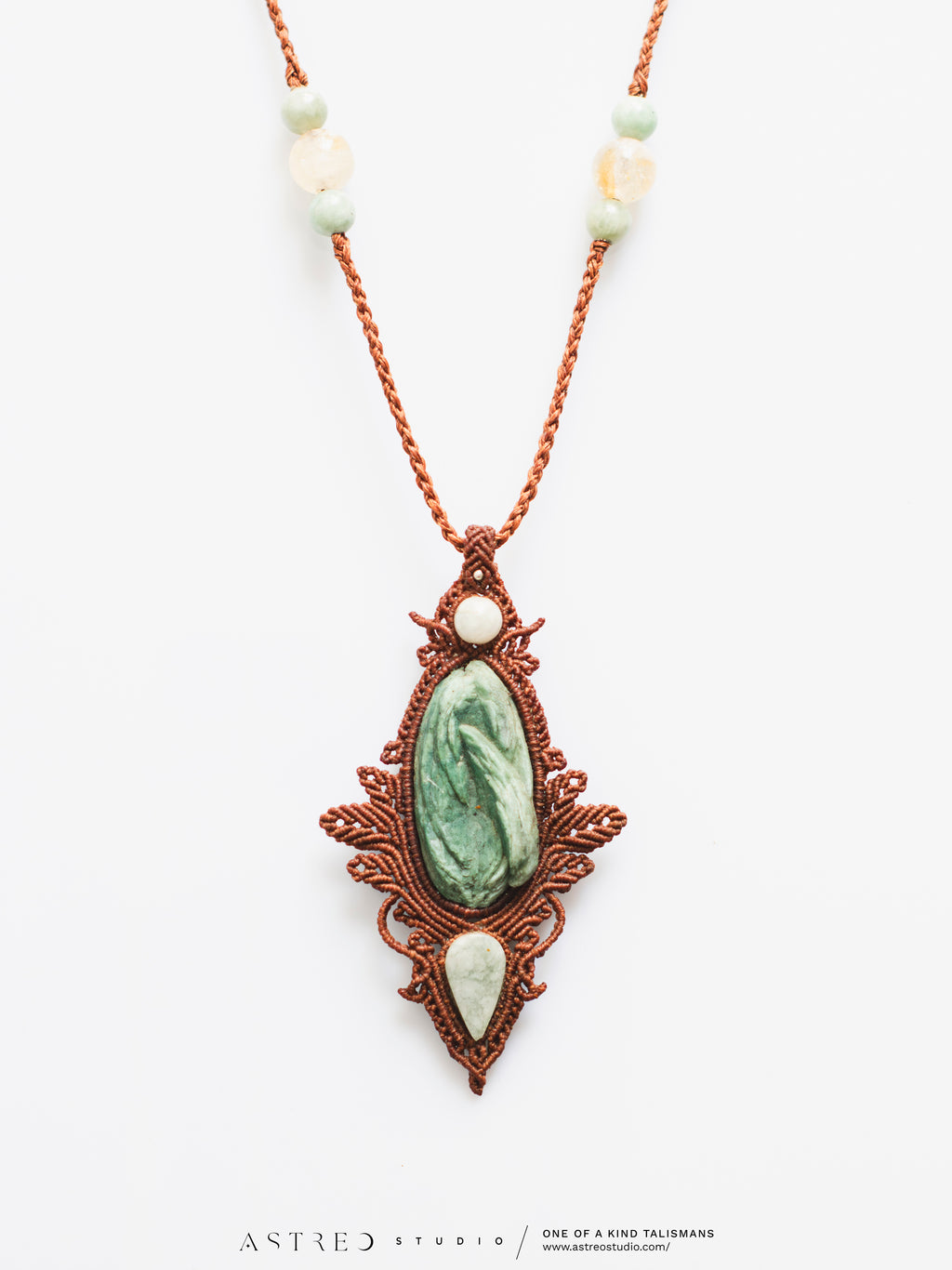Macrame Celadonite and White Jade Necklace 