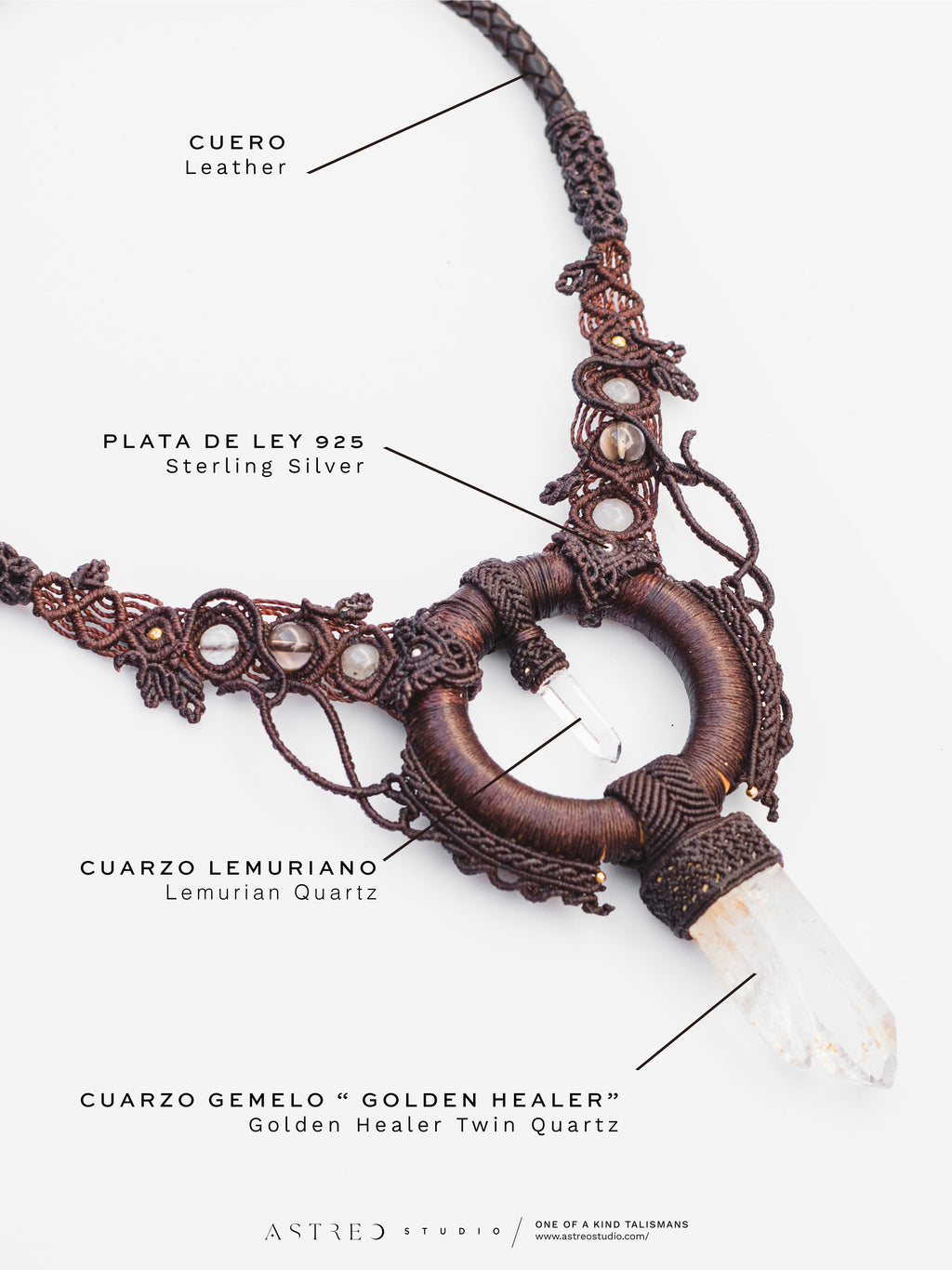 "We Are All One" | Collar Macrame con Cuarzo Gemelo Golden Healer Blue Smoke