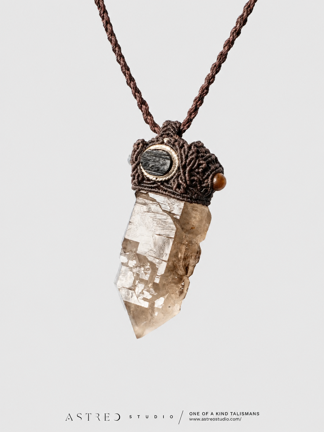 Macrame Necklace Elestial Quartz with Black Tourmaline and Inclusions 