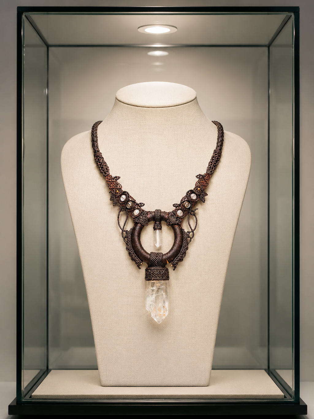 "We Are All One" | Collar Macrame con Cuarzo Gemelo Golden Healer Blue Smoke