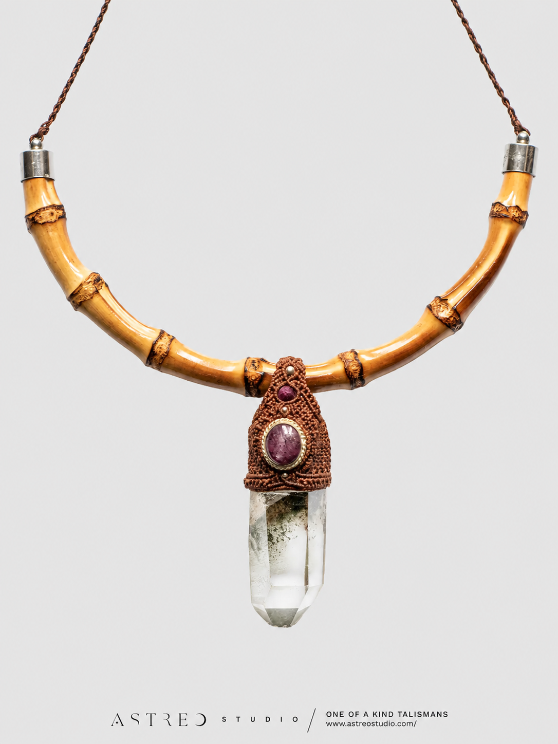 Macrame Quartz Necklace with Chlorite and Star Ruby 