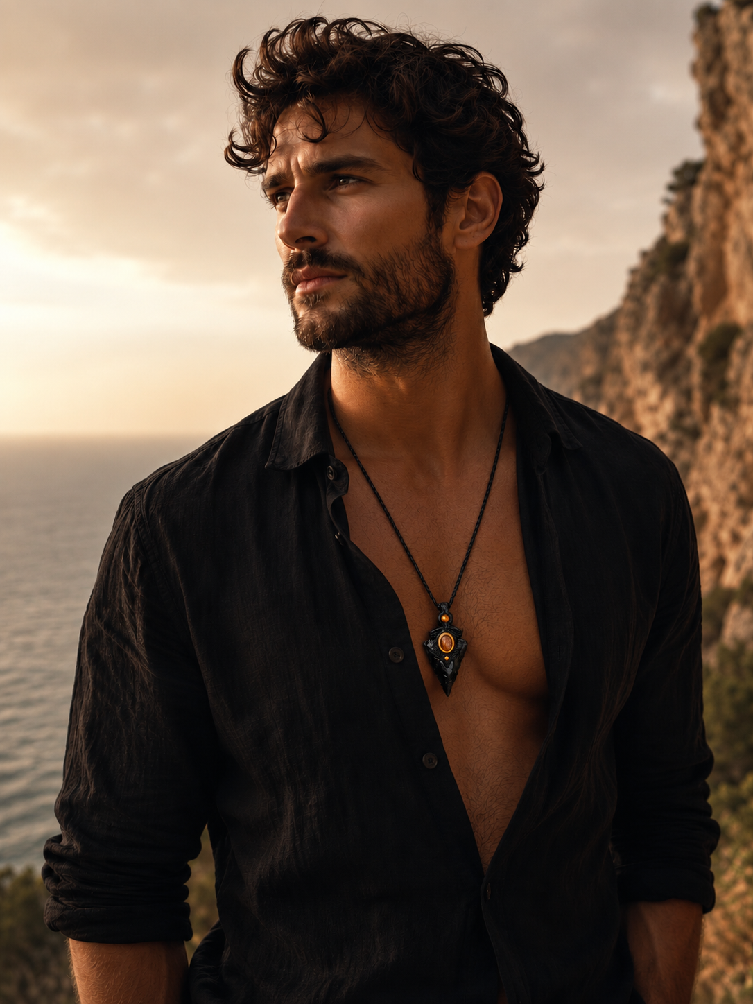 Collar Macrame Lanza de Obsidiana y Piedra Sol