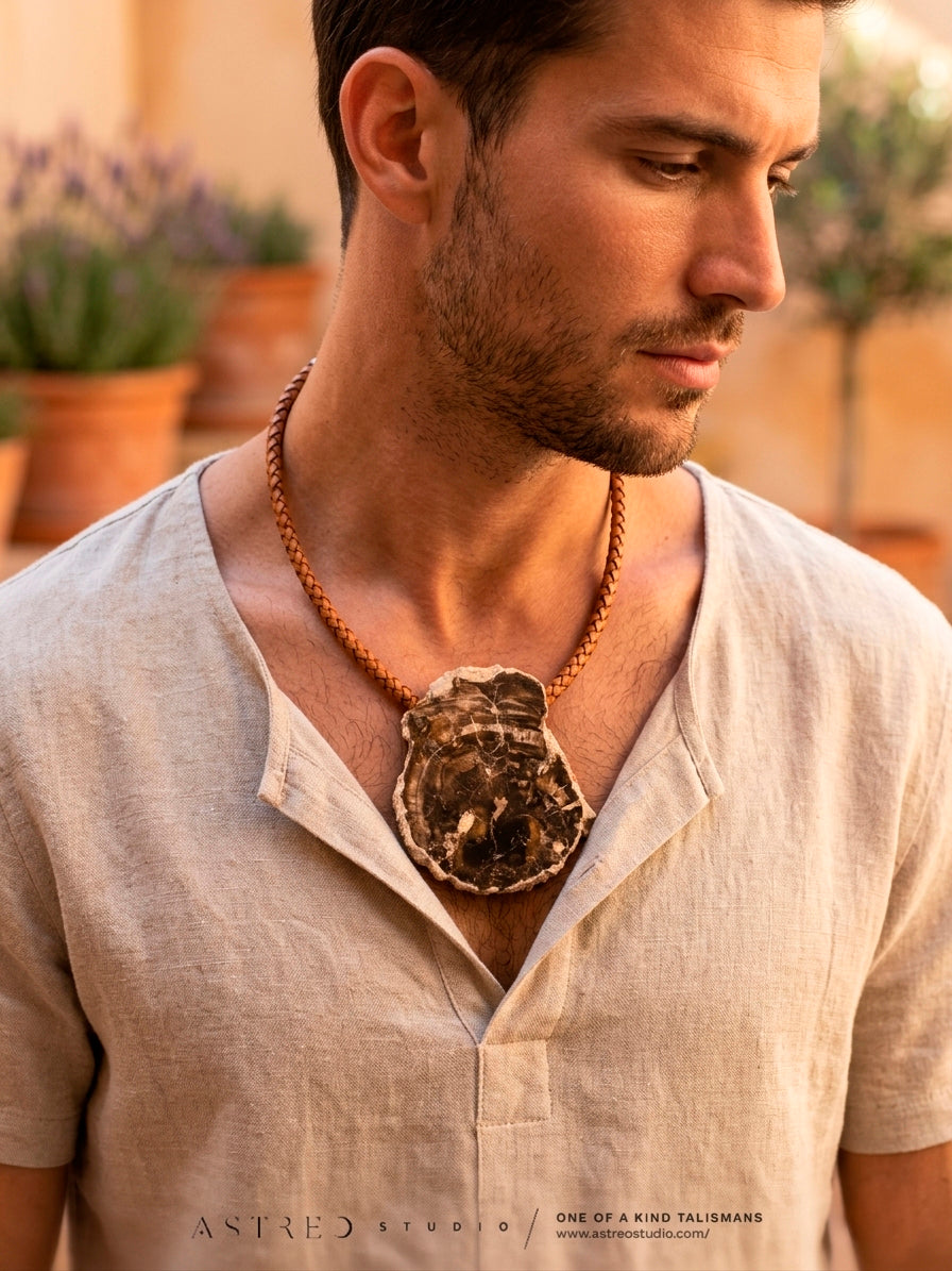 Collar Cuero con Madera Fósil, Xilopalo - Medallón XL