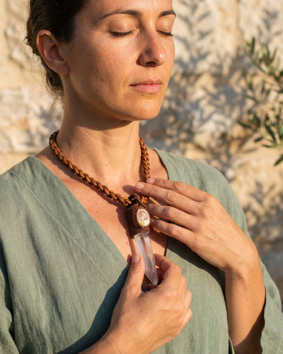 Collar Macrame y Cuero con Cuarzo Lemuriano y Ópalo de Fuego