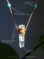 Macramé ketting Master Quartz VI: Ghost met Amazonieten.
