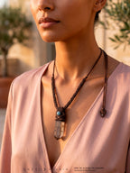 Collar Macrame Tubular Cuarzo Ahumado y Aguamarina