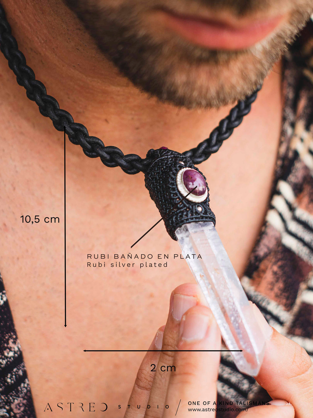 Macramé en leren ketting met A+++ Lemurische kwarts en sterrobijn