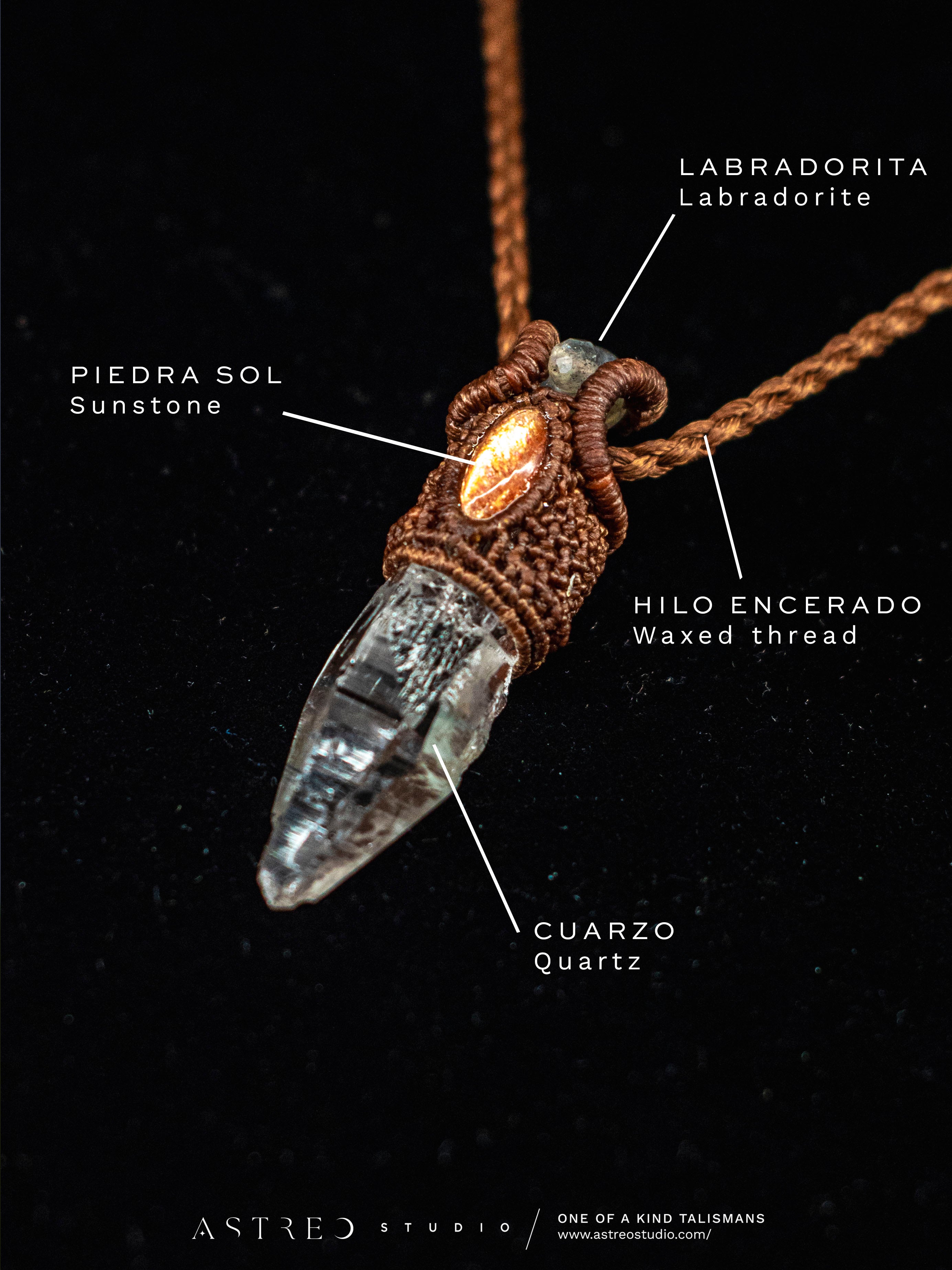 Macrame Necklace Master Quartz VI: Ghost with Amazonites.